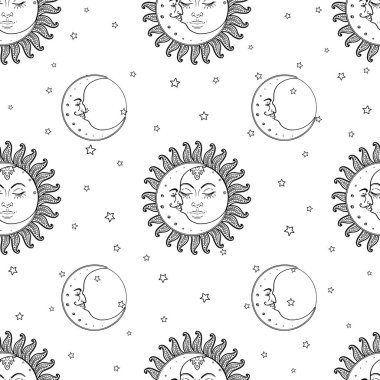 Güneş ve ay, yıldızlı, pürüzsüz bir desen. Eski tarz. Çocuklar için duvar kağıdı, ambalaj kağıdı ya da kumaş tasarımı. Astronomi, astroloji, sihir. Çocuklar ve yetişkinler için boyama kitabı.
