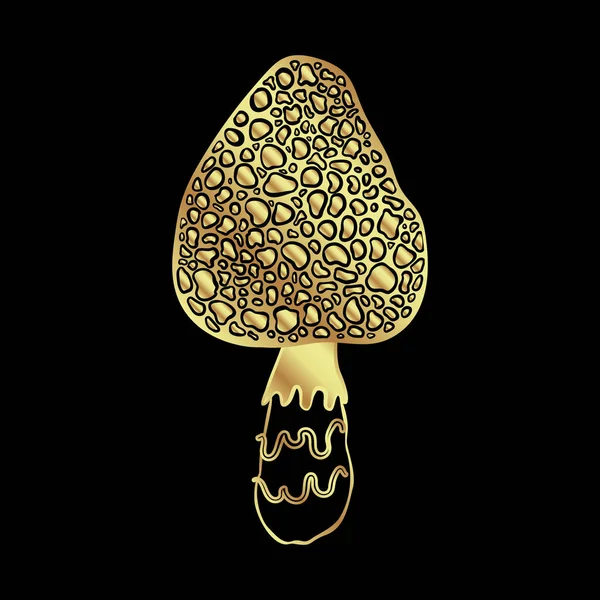 Magic Mushrooms Psychedelic Hallucination Gold Vector Illustration Isolated Black 60S — 图库矢量图片