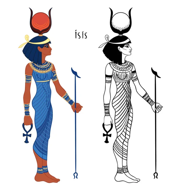 伊希斯 埃及神话中的生命与魔法女神 古埃及最伟大的女神之一 保护妇女 治疗病人 矢量孤立的例子 站着的女人印刷品 — 图库矢量图片