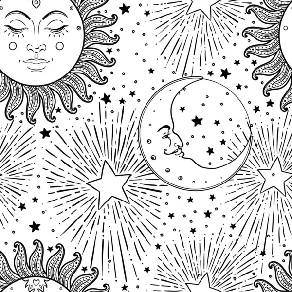 太阳和月亮矢量与星星无缝模式 复古风格 包装纸或儿童用织物的设计 天文学 占星术 儿童和成人彩色书 — 图库矢量图片