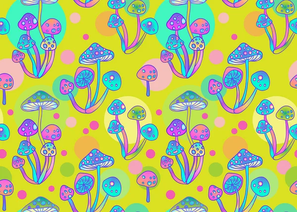 Magic Mushrooms Seamless Pattern Psychedelic Hallucination 60S Hippie Colorful Art — Stock Vector