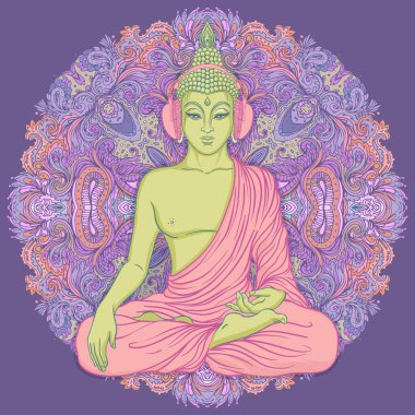 Modern Buddha listening to the music in headphones. Vector illustration. Vintage psychedelic composition. Buddhism, trance music. Tattoo, yoga, spirituality.