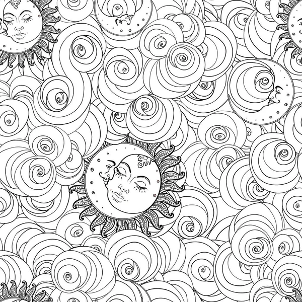 星と太陽と月のベクトルシームレスなパターン ヴィンテージスタイル 子供のための壁紙 包装紙やファブリックデザイン 天文学占星術魔法 子供と大人のためのぬり絵 — ストックベクタ