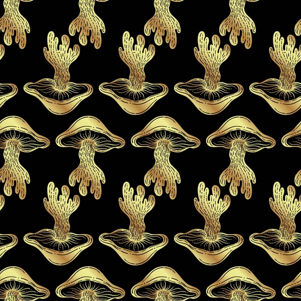 Magic Mushrooms Golden Seamless Pattern Psychedelic Hallucination 60S Hippie Colorful —  Vetores de Stock