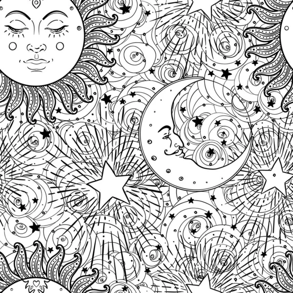 Вектор Солнца Луны Бесшовный Узор Звездами Винтажный Стиль Обои Оберточная — стоковый вектор