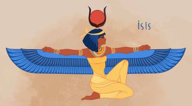 Isis, Mısır mitolojisindeki yaşam ve büyü tanrıçası. Antik Mısır 'ın en büyük tanrıçalarından biri, kadınları, çocukları korur, hastaları iyileştirir. Geçmiş üzerinde vektör illüstrasyonu. Kanatlı kadın.