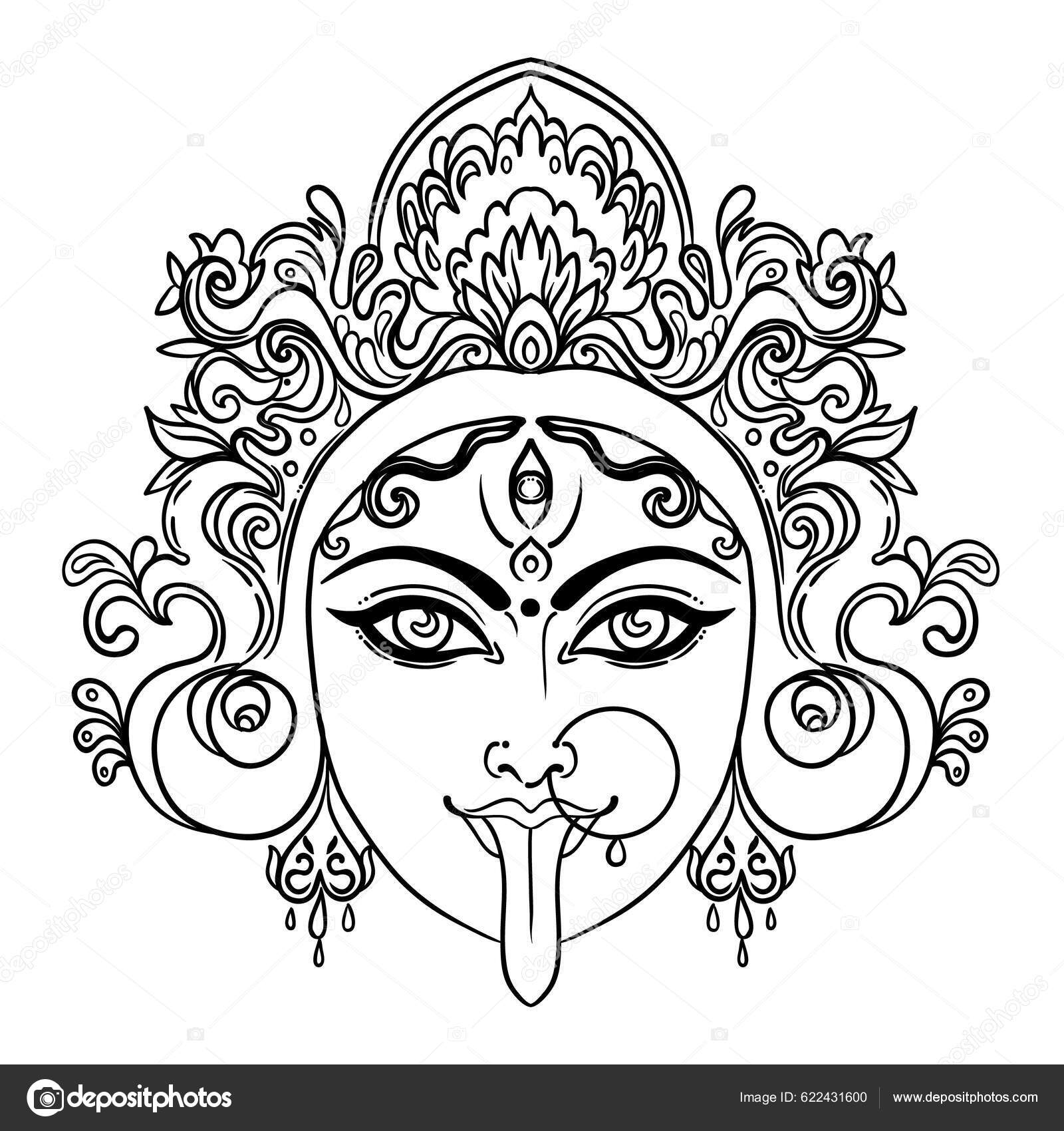Retrato Deusa Indiana Hindi Kali Cabeça Azul Fêmea Com Traça Vetor de stock  de ©vgorbash 622431600, image size:1600x1700