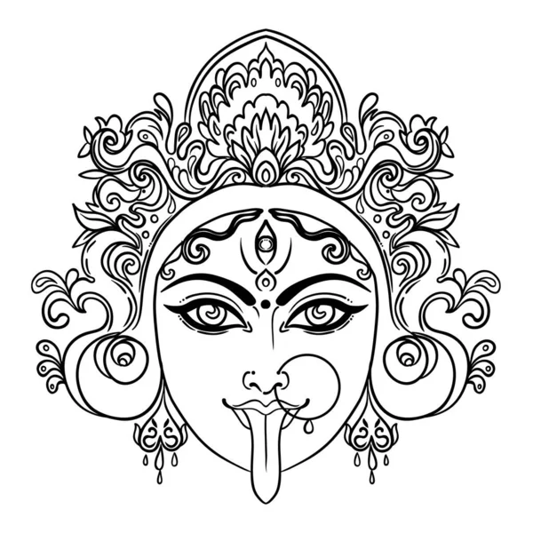 stock vector Portrait of Indian Hindi goddess Kali. Female blue head with open moth and out stuck tongue. Destroyer of evil forces. Diety, spiritual art. Occultism and witchcraft. Vector isolated illustration.