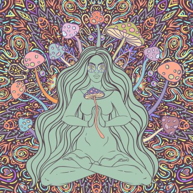 Meditating Girl sitting in lotus position over ornate colorful mandala background with mushrooms. Vector illustration. Psychedelic composition. Buddhism esoteric motifs. Tattoo, spiritual yoga.