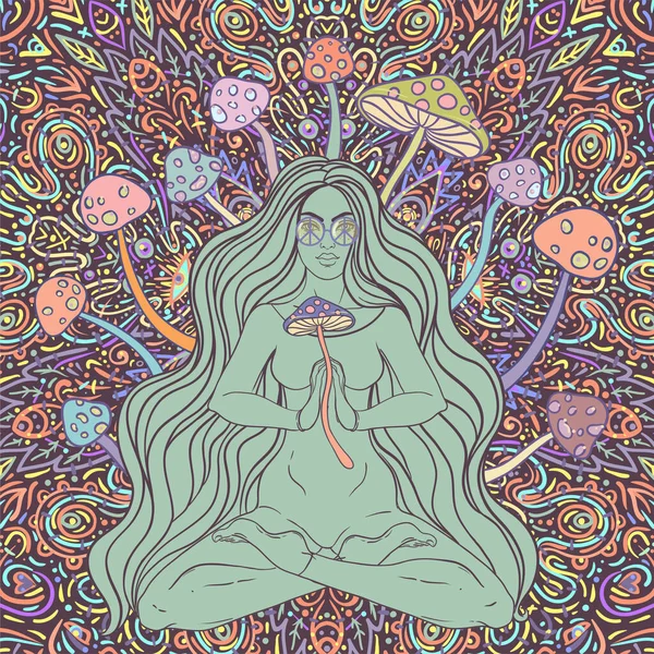 Meditating Girl Sitting Lotus Position Ornate Colorful Mandala Background Mushrooms — Stock Vector