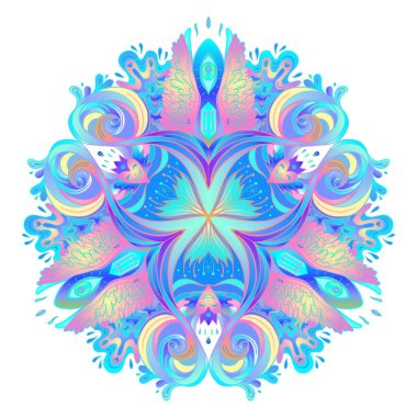 Decorative Indian round lace ornate mandala. Vintage vector pattern on transparent background. Hand drawn abstract colorful background. Invitation, wedding card, scrapbooking. Tattoo design.