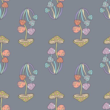 Magic mushrooms seamless pattern. Psychedelic hallucination. 60s hippie retro art. Vintage psychedelic textile, fabric, wrapping paper, wallpaper. Vector repeating illustration. 