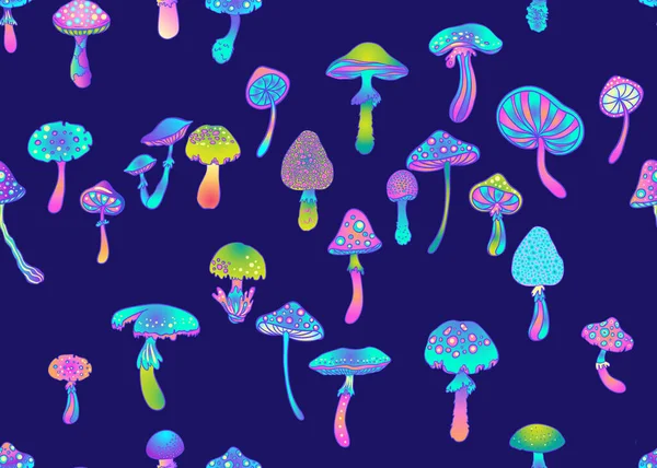 神奇的蘑菇无缝图案 迷幻的幻觉 六十年代嬉皮士五彩斑斓的艺术采购产品复古迷幻纺织品 矢量重复说明 — 图库矢量图片