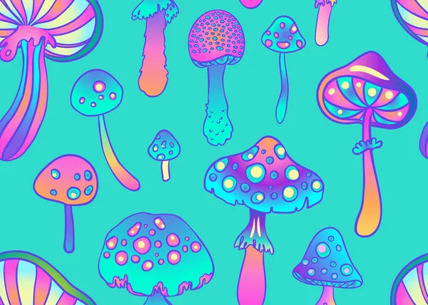 Cogumelos Mágicos Sem Costura Padrão Alucinação Psicadélica Arte Colorida Hippie —  Vetores de Stock