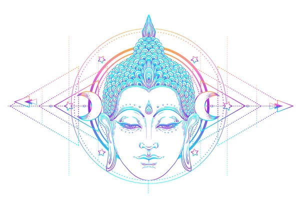 Buda Rosto Sobre Mandala Ornamentado Padrão Redondo Ilustração Esotérica Vetor — Vetor de Stock