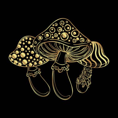 Magic mushrooms. Psychedelic hallucination. Gold vector illustration isolated on black. 60s hippie art. Coloring book for kids and adults.