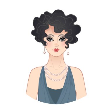Art Deco, flapper Girl 'ün klasik çizimi. 1920 'lerin modası geçmiş parti karakteri. Büyüleyici olay veya caz partisi için vektör tasarımı.
