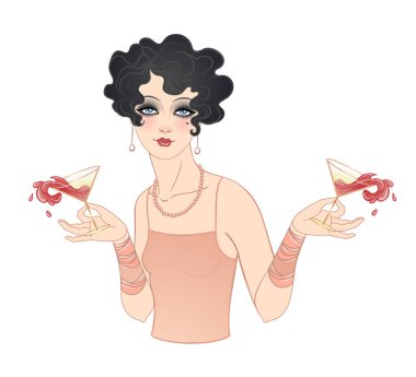 Art Deco, flapper Girl 'ün içkili hali. 1920 'lerdeki Retro Party karakteri. Büyüleyici olay veya caz partisi için vektör tasarımı.