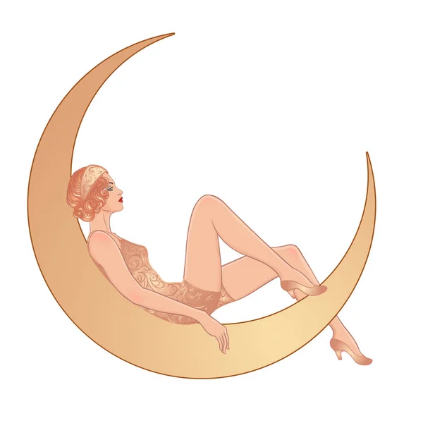 Jolie Femme Assise Sur Croissant Lune Vintage Papier Flapper Girl — Image vectorielle