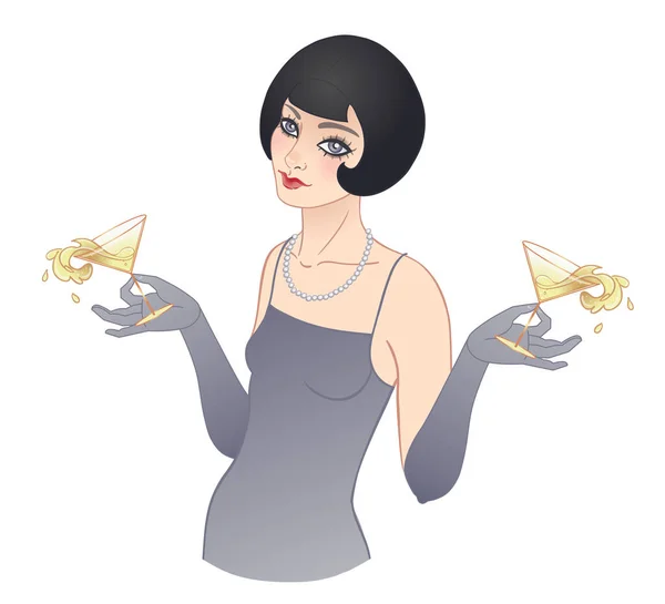 装饰艺术的古董插图与饮料的Flapper女孩 20世纪20年代的复古派对风格 魅力盛事或爵士派对的矢量设计 — 图库矢量图片