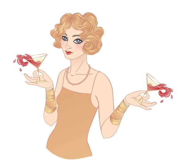 Ilustración Art Deco Vintage Flapper Girl Con Una Bebida Personaje — Vector de stock