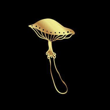 Magic mushrooms. Psychedelic hallucination. Gold vector illustration isolated on black. 60s hippie art. Coloring book for kids and adults.