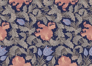 Çiçeksel, eski duvar kağıtları için dikişsiz desen. Büyülü Vintage Çiçekleri. William Morris, Sanat ve El Sanatları Hareketi. Ambalaj kağıdı, duvar kağıdı, kumaş ve moda kıyafetleri için tasarım.