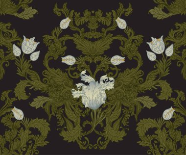 Çiçeksel, eski duvar kağıtları için dikişsiz desen. Büyülü Vintage Çiçekleri. William Morris, Sanat ve El Sanatları Hareketi. Ambalaj kağıdı, duvar kağıdı, kumaş ve moda kıyafetleri için tasarım.