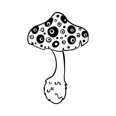 Sihirli mantarlar. Psikedelik halüsinasyon. Taslak vektör çizimi beyaza izole edildi. 60 'ların hippi sanatı. Çocuklar ve yetişkinler için boyama kitabı.