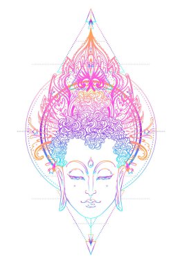 Buda 'nın yüzü mandala şeklinin üzerinde. Esrarengiz klasik vektör çizimi. Hint, Budizm, ruhani sanat. Hippi dövmesi, ruhanilik, Tayland tanrısı, yetişkinler için yoga zen boyama kitabı sayfaları.