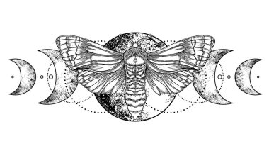 Black and white moth over sacred geometry sign, isolated vector illustration. Tattoo flash. Mystical symbols and insects. Alchemy, occultism, spirituality, coloring book. Hand-drawn vintage. clipart
