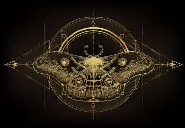 Kutsal geometri işareti üzerinde altın güve, izole vektör çizimi. Dövme flaşı. Mistik semboller ve altın renkli böcekler. Simya, okültizm, maneviyat. El yapımı mahsul..