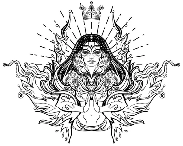 Azjatycka Magiczna Kobieta Świętą Geometrią Ogniem Ilustracja Wektora Tajemnicza Tajka — Wektor stockowy