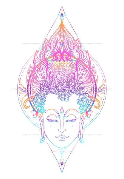 Bouddha Visage Sur Motif Rond Mandala Orné Illustration Vectorielle Vintage — Image vectorielle