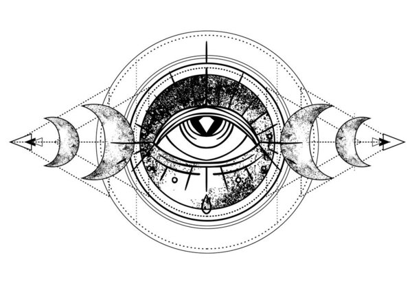 Eye of Providence. Masonic symbol. All seeing eye inside triple moon pagan Wicca moon goddess symbol. Vector illustration. Tattoo, astrology, alchemy, boho and magic symbol. Coloring book.