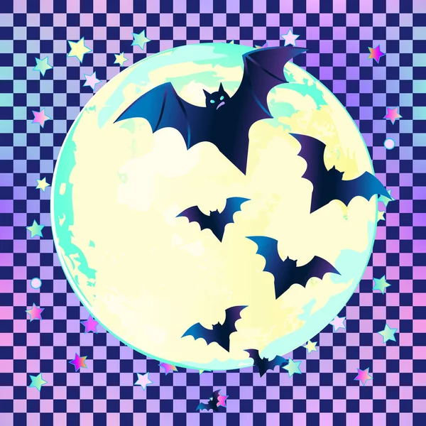 Halloween Vector Illustration Chequer Pattern Creepy Cute Vector Bat Flying — Stockvector