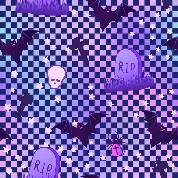 Kawaii Funny Spooky Seamless Pattern Chequer Halloween Wrapping Paper Background — Wektor stockowy