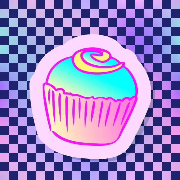 Cupcake Vector Illustration Chequer Pattern Background Pin Patch Design — Archivo Imágenes Vectoriales