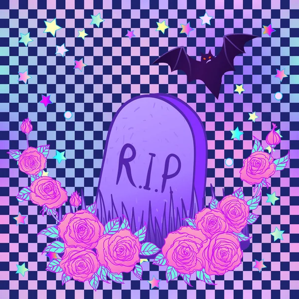 Tombstone Bat Roses Chequer Pattern Glamour Halloween Background Neon Pastel — Stockvektor