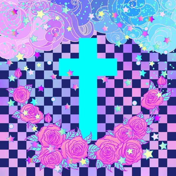 香草十字架 迷人的万圣节背景用霓虹灯的彩绘图案 可爱的哥特式风格 彩色彩虹的概念 — 图库矢量图片
