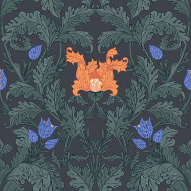 Çiçeksel, eski duvar kağıtları için dikişsiz desen. Büyülü Vintage Çiçekleri. Sanat ve el sanatları hareketi ilham verici. Ambalaj kağıdı, duvar kağıdı, kumaş ve moda kıyafetleri için tasarım.