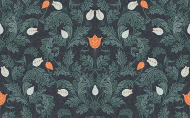 Çiçeksel, eski duvar kağıtları için dikişsiz desen. Büyülü Vintage Çiçekleri. Sanat ve el sanatları hareketi ilham verici. Ambalaj kağıdı, duvar kağıdı, kumaş ve moda kıyafetleri için tasarım.