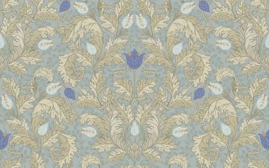 Çiçeksel, eski duvar kağıtları için dikişsiz desen. Büyülü Vintage Çiçekleri. Sanat ve el sanatları hareketi ilham verici. Ambalaj kağıdı, duvar kağıdı, kumaş ve moda kıyafetleri için tasarım.