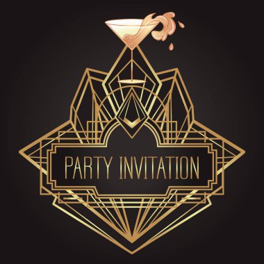 Çırpınan kız. Art deco (1920 'lerin tarzı) içki listesi, bar menüsü, cazibe etkinliği, tematik düğün, caz partisi broşürü için klasik davetiye tasarımı. Vektör sanatı.