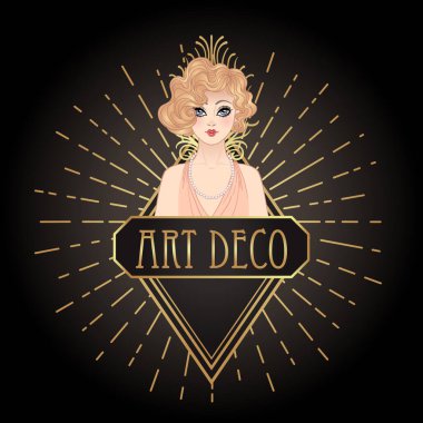 Çırpınan kız. Art deco (1920 'lerin tarzı) içki listesi, bar menüsü, cazibe etkinliği, tematik düğün, caz partisi broşürü için klasik davetiye tasarımı. Vektör sanatı.