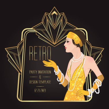 Flapper girl. Art deco (1920's style) vintage invitation template design for drink list, bar menu, glamour event, thematic wedding, jazz party flyer. Vector art. clipart