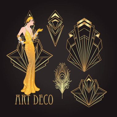 Çırpınan kız. Art deco (1920 'lerin tarzı) içki listesi, bar menüsü, cazibe etkinliği, tematik düğün, caz partisi broşürü için klasik davetiye tasarımı. Vektör sanatı.