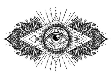 Siyah dövmeli flaş. Tanrı 'nın Gözü. Mason sembolü. Hepsi üçgen piramidin içini görüyor. Yeni Dünya Düzeni. Kutsal geometri, din, maneviyat, okültizm. İzole vektör illüstrasyonu.