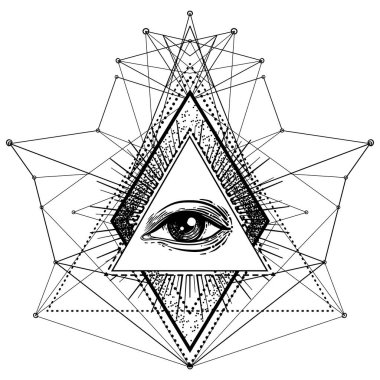 Siyah dövmeli flaş. Tanrı 'nın Gözü. Mason sembolü. Hepsi üçgen piramidin içini görüyor. Yeni Dünya Düzeni. Kutsal geometri, din, maneviyat, okültizm. İzole vektör illüstrasyonu.