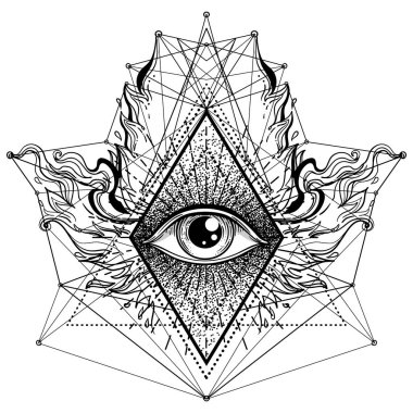 Siyah dövmeli flaş. Tanrı 'nın Gözü. Mason sembolü. Hepsi üçgen piramidin içini görüyor. Yeni Dünya Düzeni. Kutsal geometri, din, maneviyat, okültizm. İzole vektör illüstrasyonu.